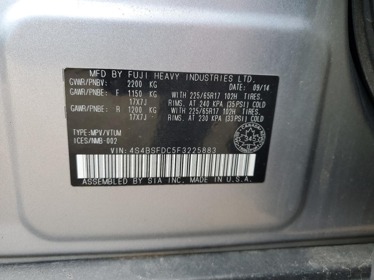 4S4BSFDC5F3225883 2015 Subaru Outback 3.6R Premium