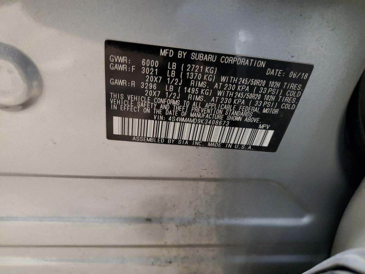 4S4WMAMD9K3408673 SUBARU ASCENT 2019