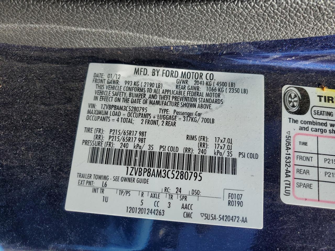 1ZVBP8AM3C5280795 2012 Ford Mustang