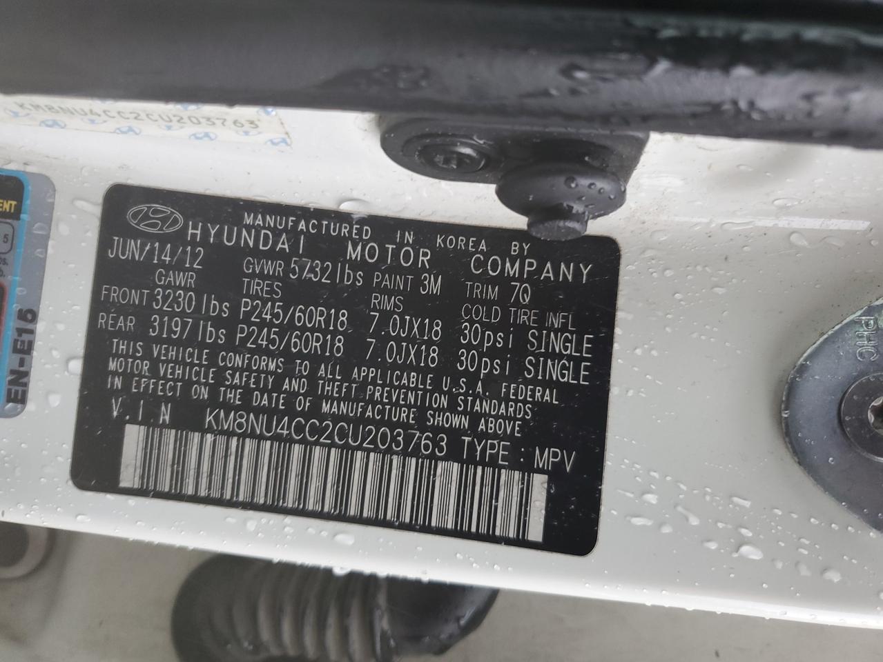 KM8NU4CC2CU203763 2012 Hyundai Veracruz Gls