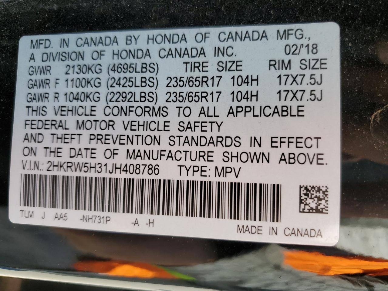 2HKRW5H31JH408786 2018 Honda Cr-V Lx