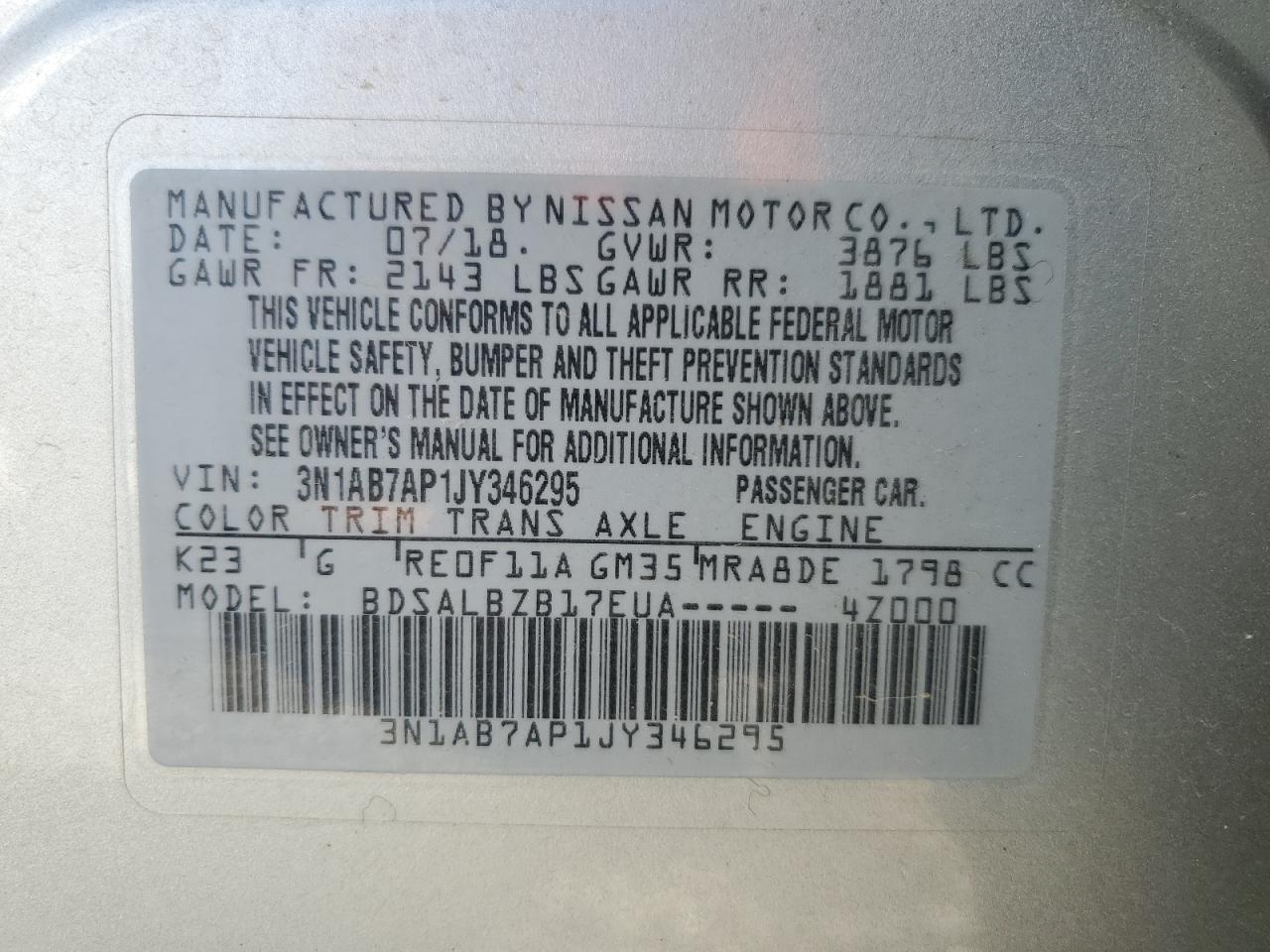 3N1AB7AP1JY346295 NISSAN SENTRA 2018