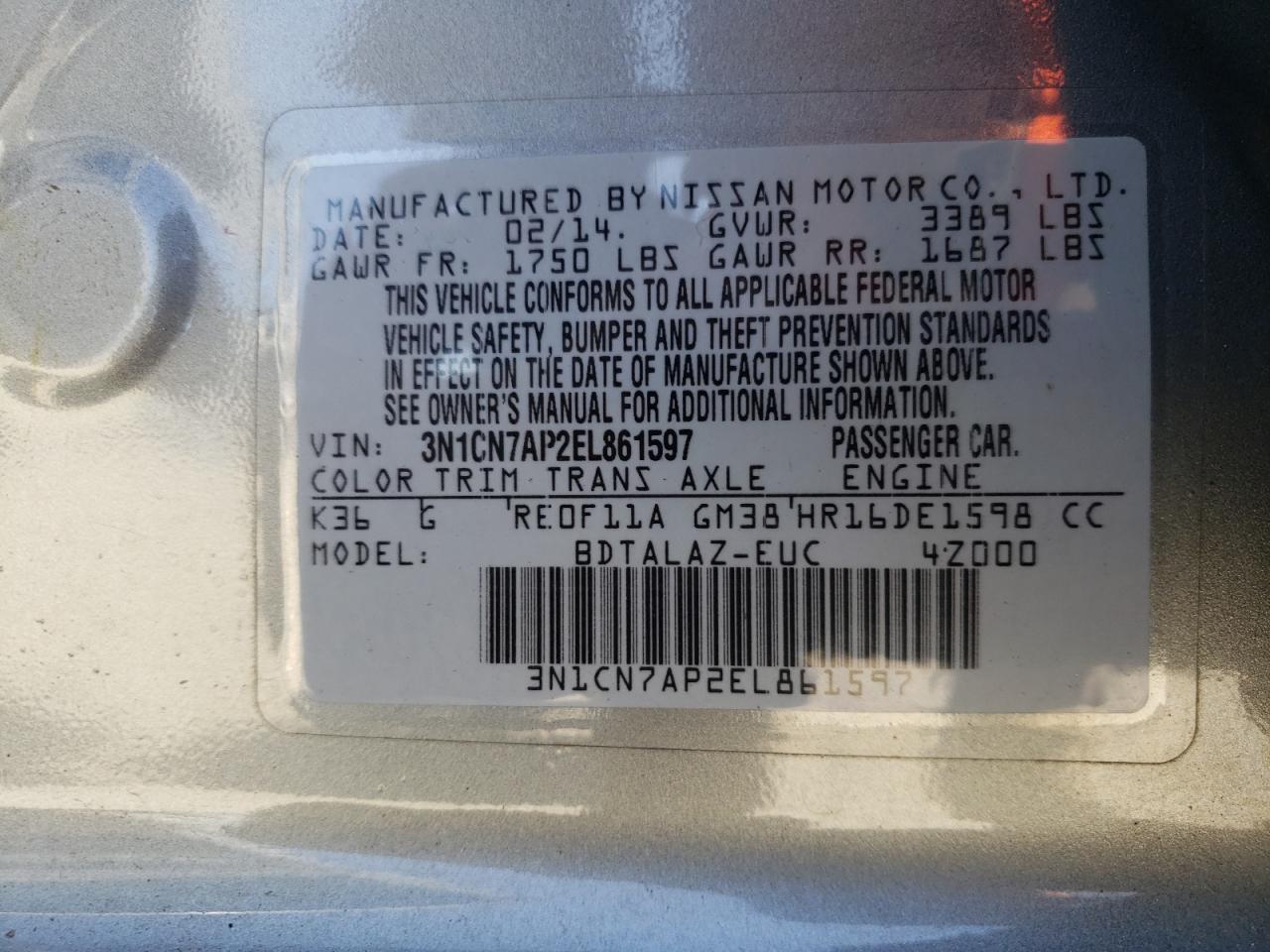 3N1CN7AP2EL861597 2014 Nissan Versa S