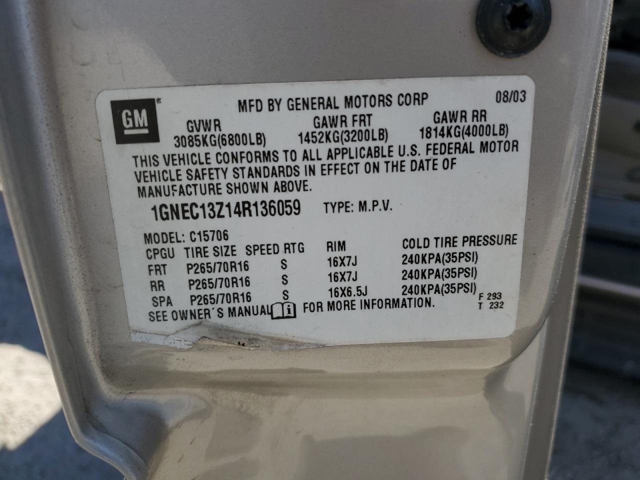 1GNEC13Z14R136059 2004 Chevrolet Tahoe C1500