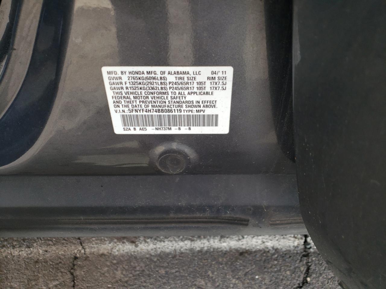 5FNYF4H74BB086119 2011 Honda Pilot Exln