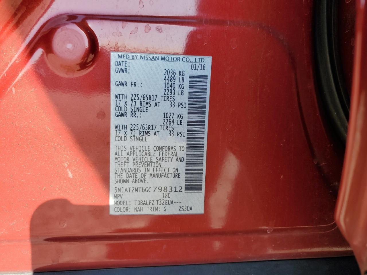 5N1AT2MT6GC798312 2016 Nissan Rogue S