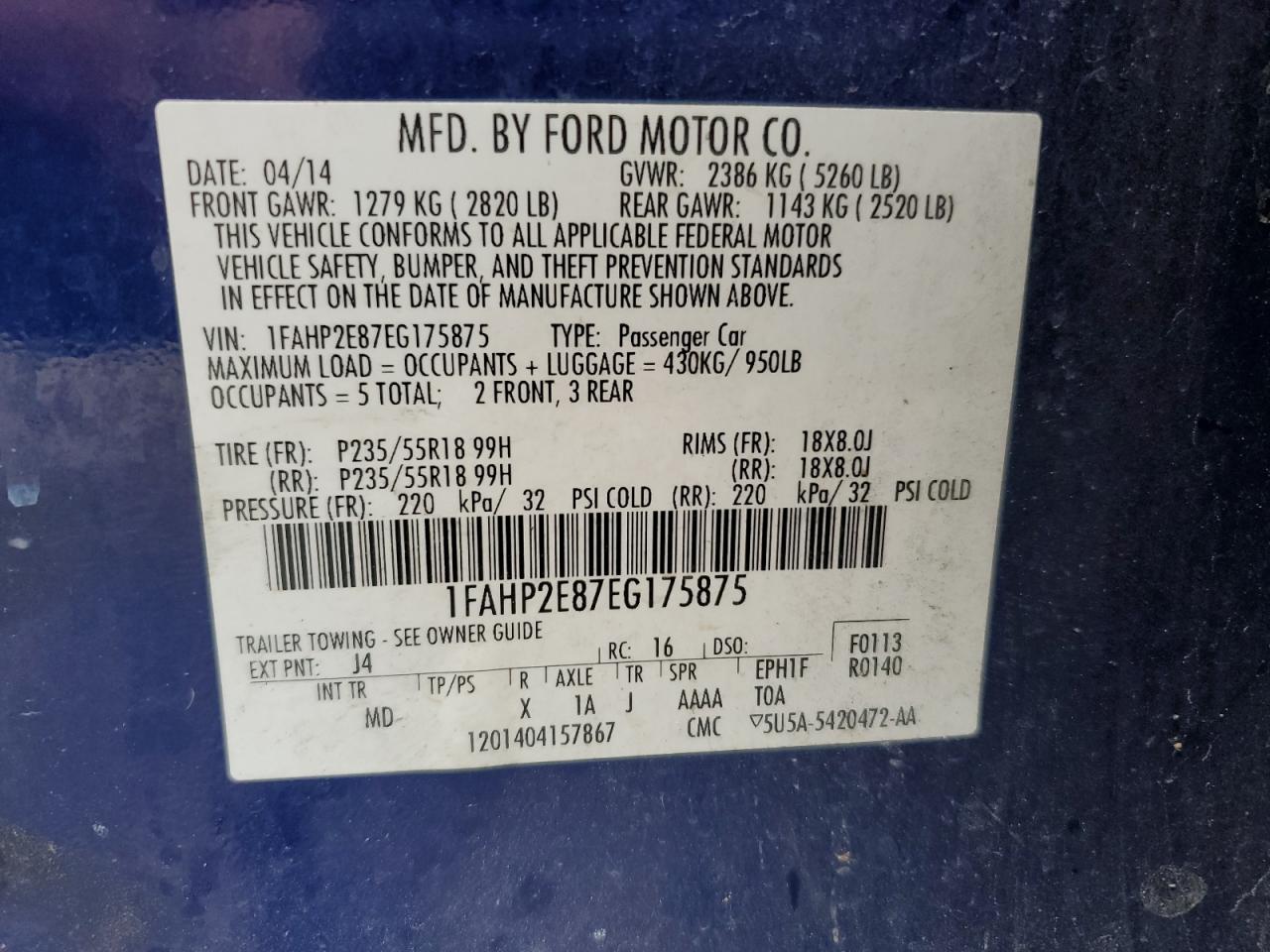 1FAHP2E87EG175875 2014 Ford Taurus Sel