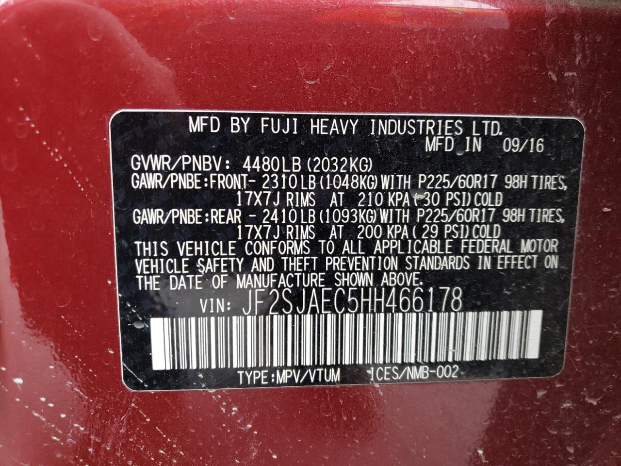 JF2SJAEC5HH466178 2017 Subaru Forester 2.5I Premium