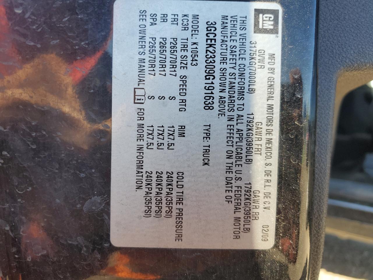 3GCEK23309G191638 2009 Chevrolet Silverado K1500 Lt