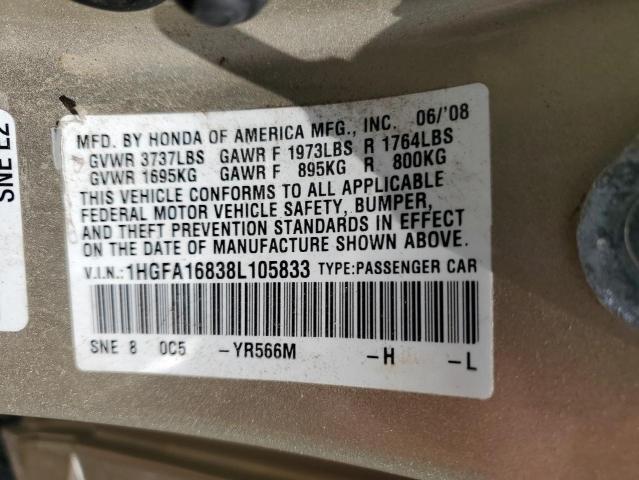 2008 Honda Civic Ex VIN: 1HGFA16838L105833 Lot: 49725994
