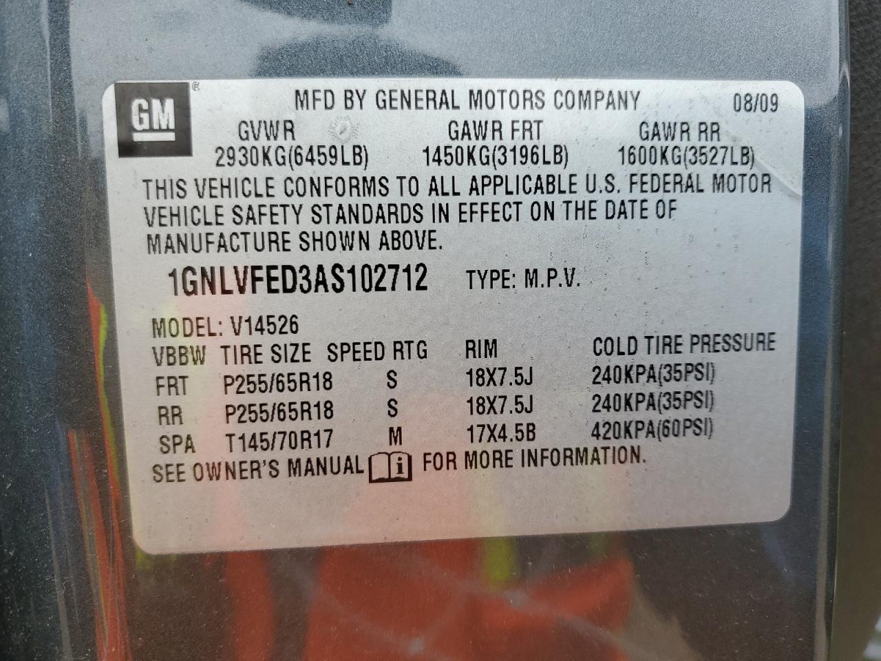 1GNLVFED3AS102712 2010 Chevrolet Traverse Lt