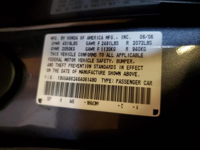 2006 Acura 3.2Tl VIN: 19UUA66246A061480 Lot: 52654224