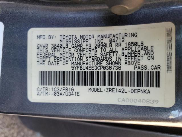 2012 Toyota Corolla Base VIN: 5YFBU4EE3CP036736 Lot: 52583464