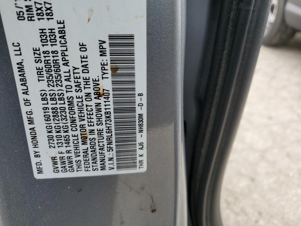 5FNRL6H73KB111407 HONDA All Models 2019