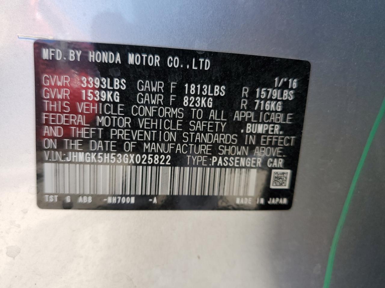 JHMGK5H53GX025822 HONDA FIT 2016