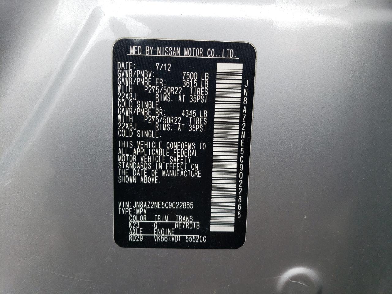 JN8AZ2NE5C9022865 2012 Infiniti Qx56