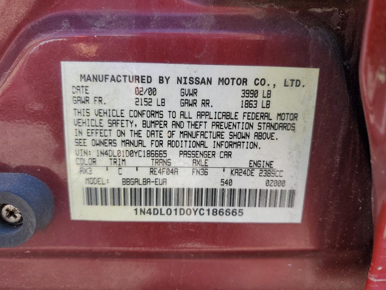 1N4DL01D0YC186665 2000 Nissan Altima Xe