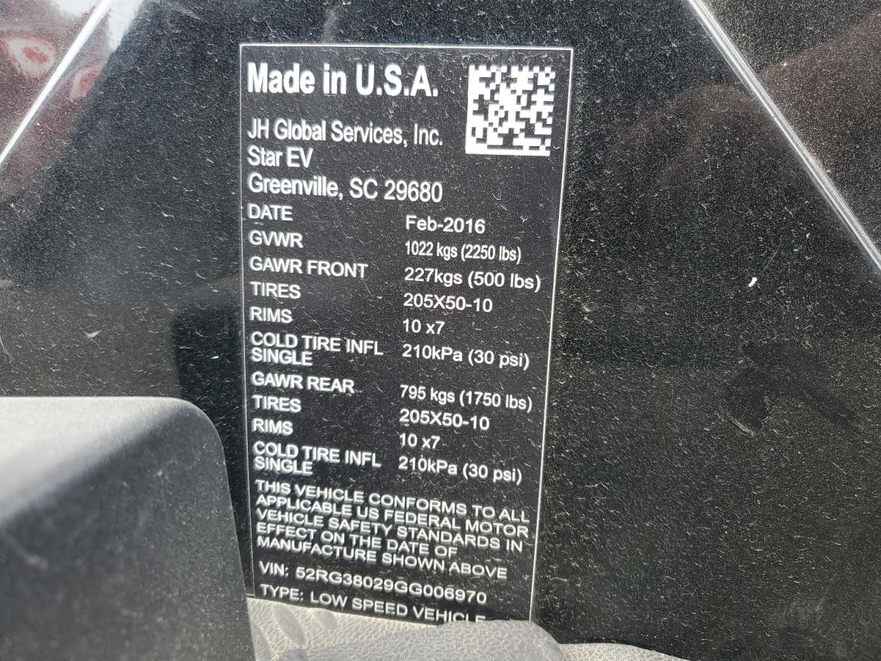 52RG38029GG006970 GOLF CART 2016