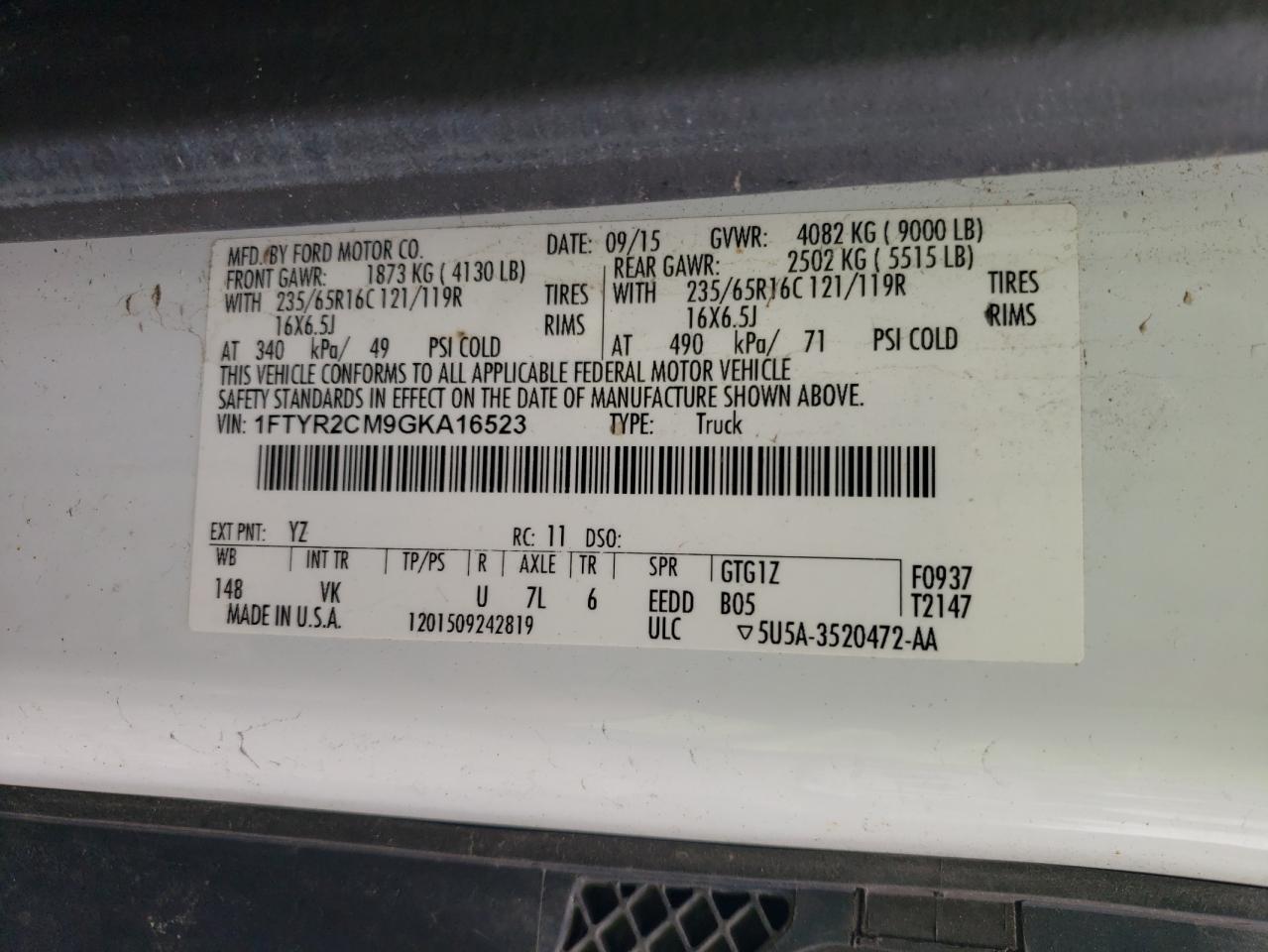 1FTYR2CM9GKA16523 FORD TRANSIT 2016