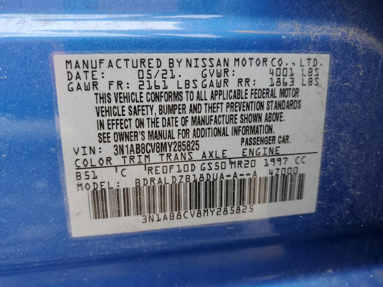 3N1AB8CV8MY285825 NISSAN SENTRA 2021