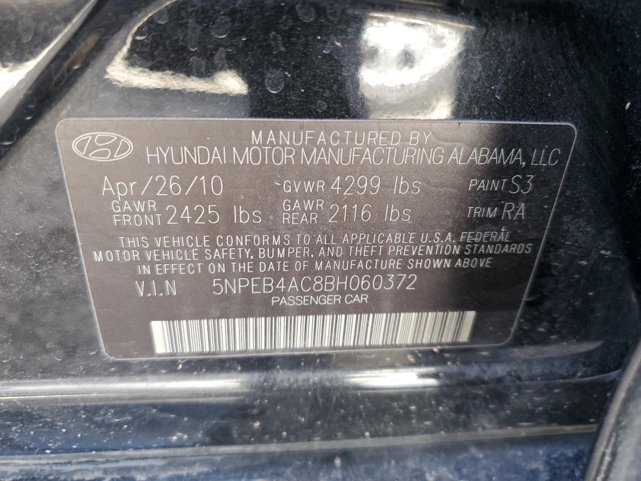 5NPEB4AC8BH060372 2011 Hyundai Sonata Gls