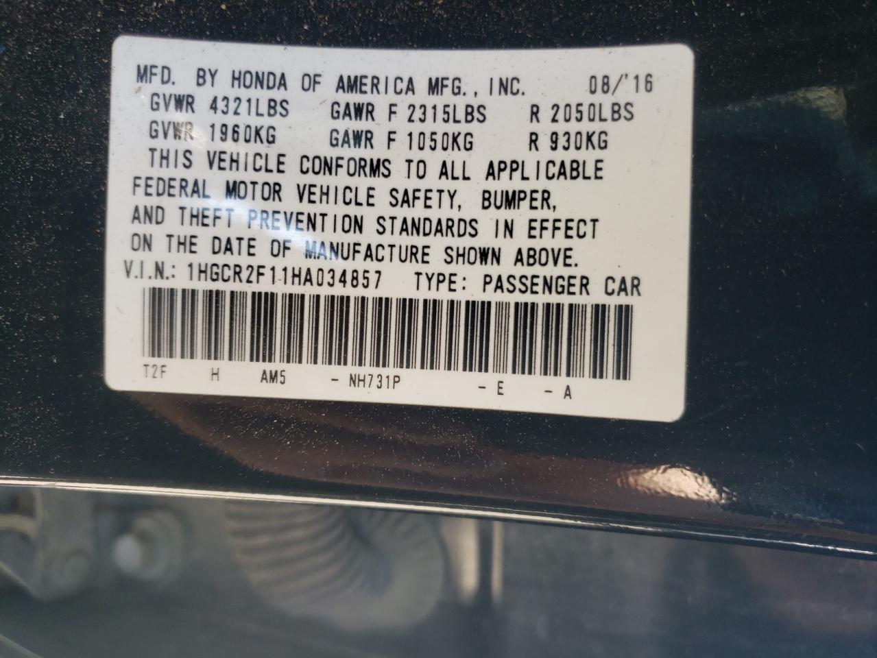 1HGCR2F11HA034857 HONDA ACCORD 2017