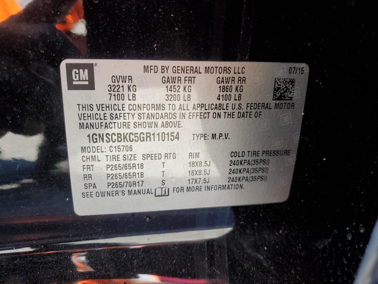 1GNSCBKC5GR110154 CHEVROLET TAHOE 2016