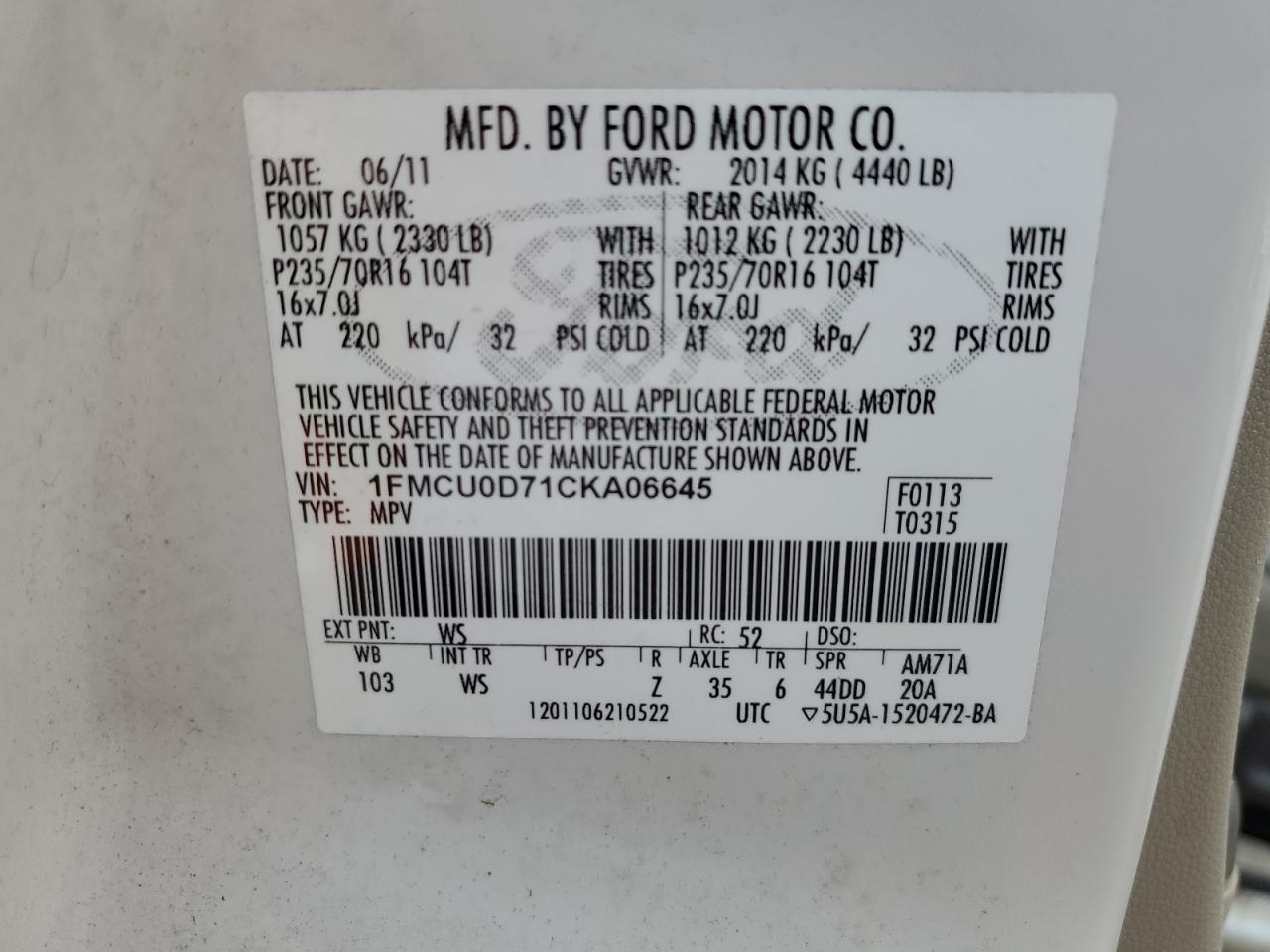 1FMCU0D71CKA06645 2012 Ford Escape Xlt