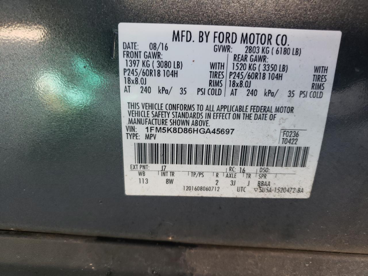 1FM5K8D86HGA45697 2017 Ford Explorer Xlt