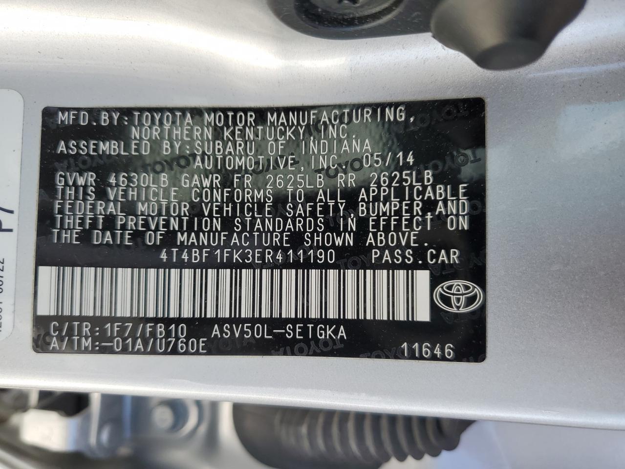 4T4BF1FK3ER411190 2014 Toyota Camry L