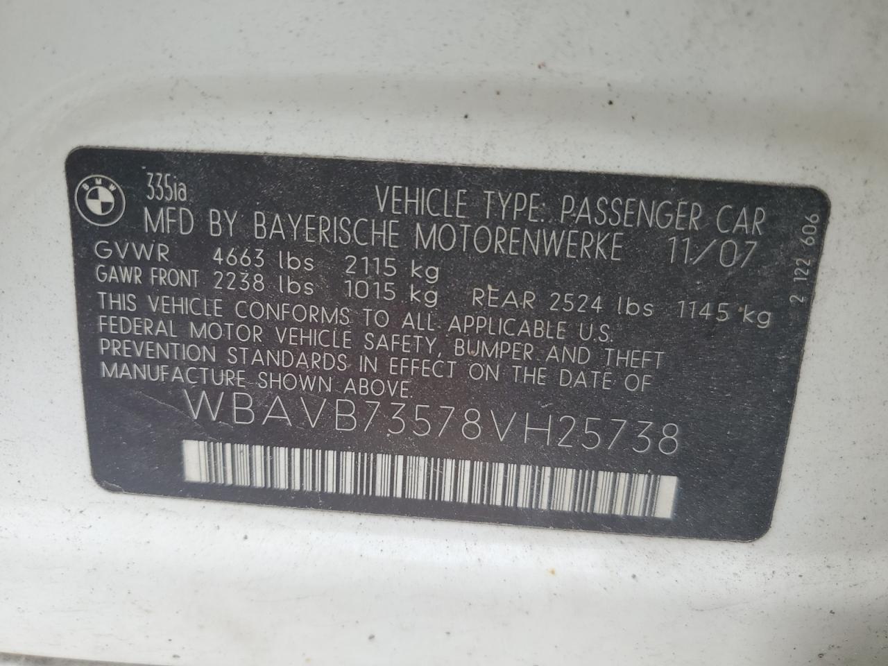 WBAVB73578VH25738 2008 BMW 335 I