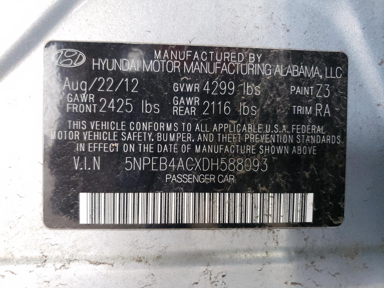 5NPEB4ACXDH588093 2013 Hyundai Sonata Gls