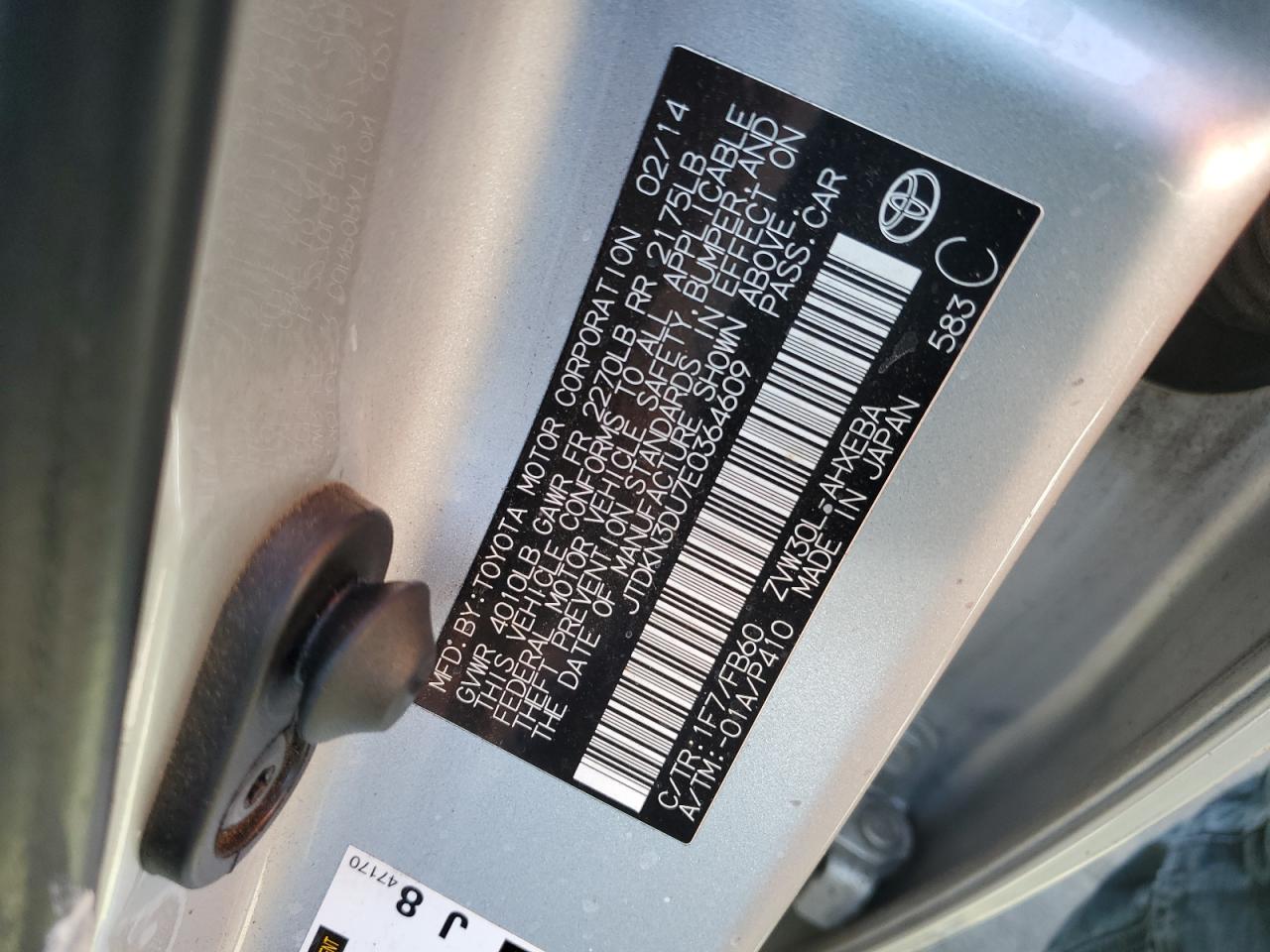 JTDKN3DU7E0364609 2014 Toyota Prius