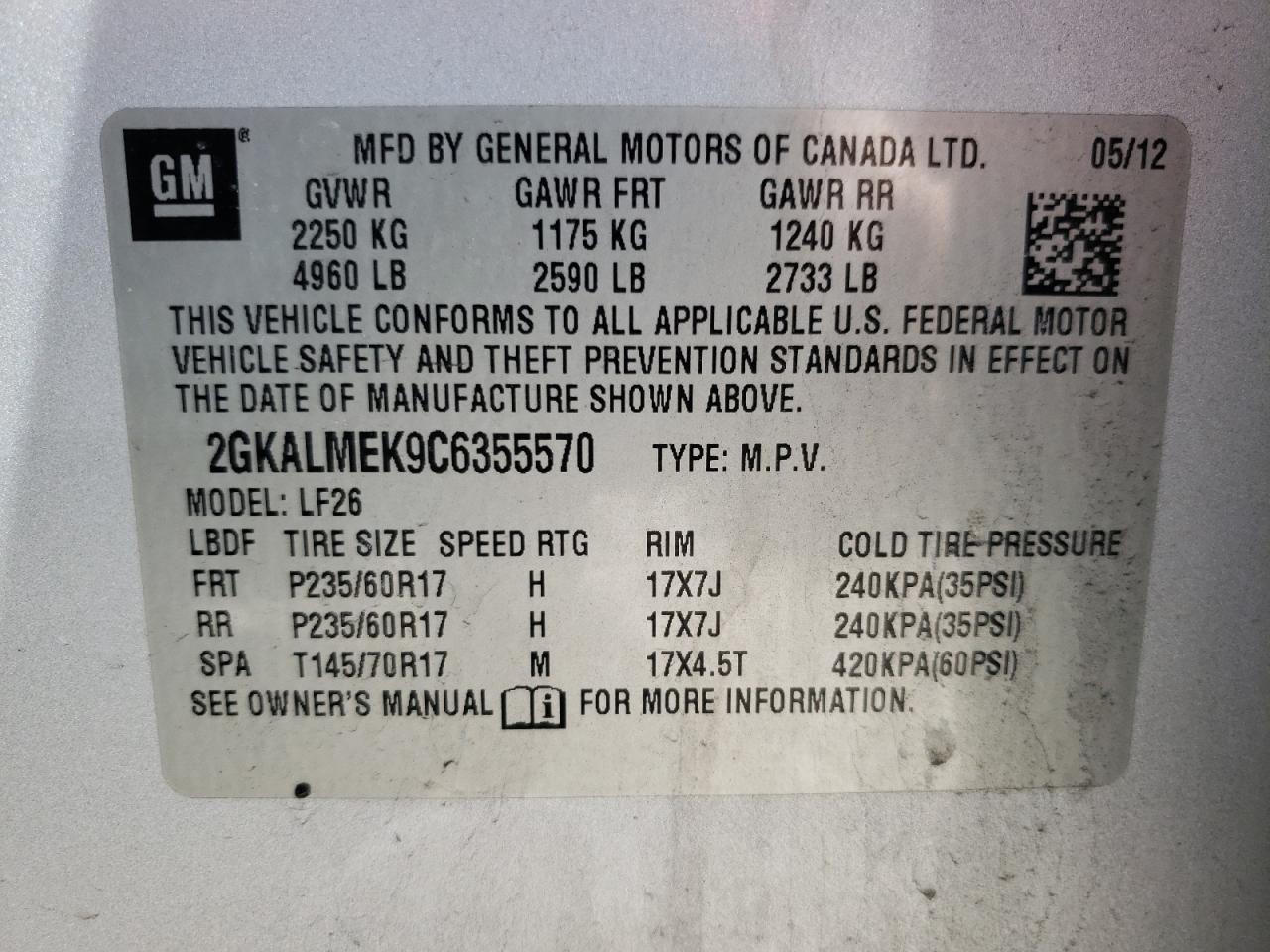 2GKALMEK9C6355570 2012 GMC Terrain Sle