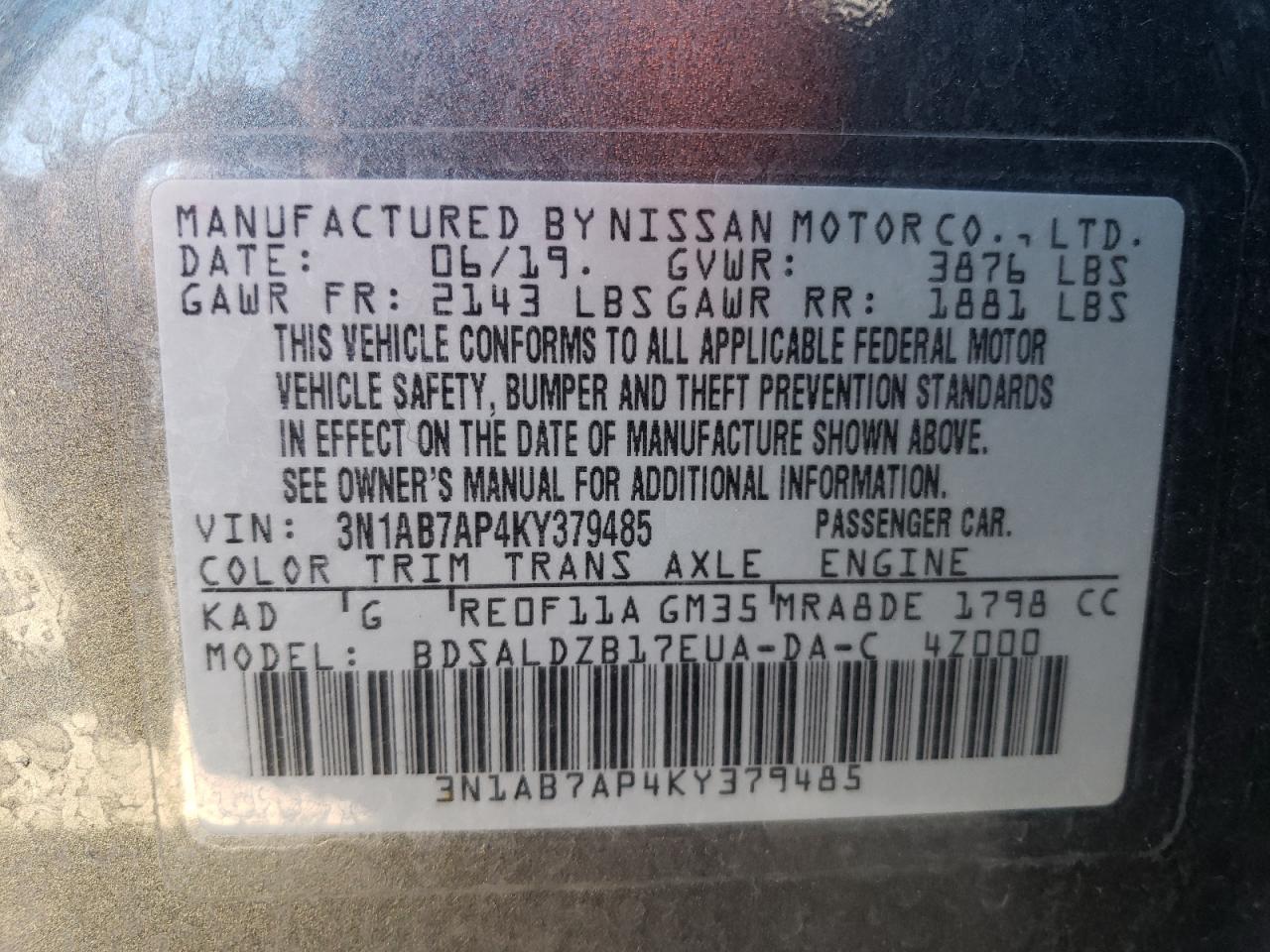 3N1AB7AP4KY379485 NISSAN SENTRA 2019