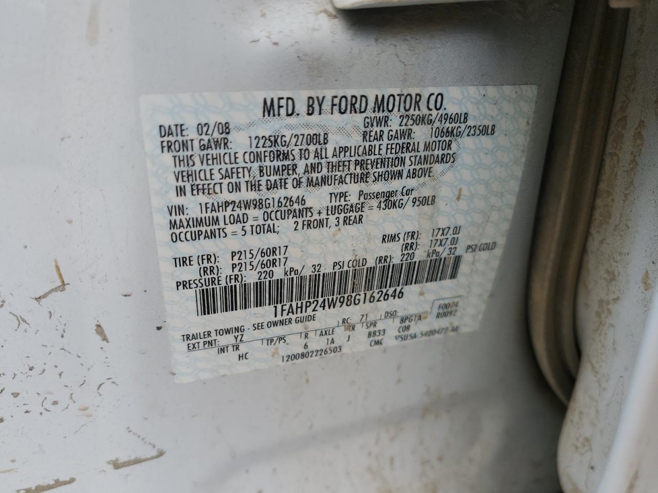 1FAHP24W98G162646 2008 Ford Taurus Sel