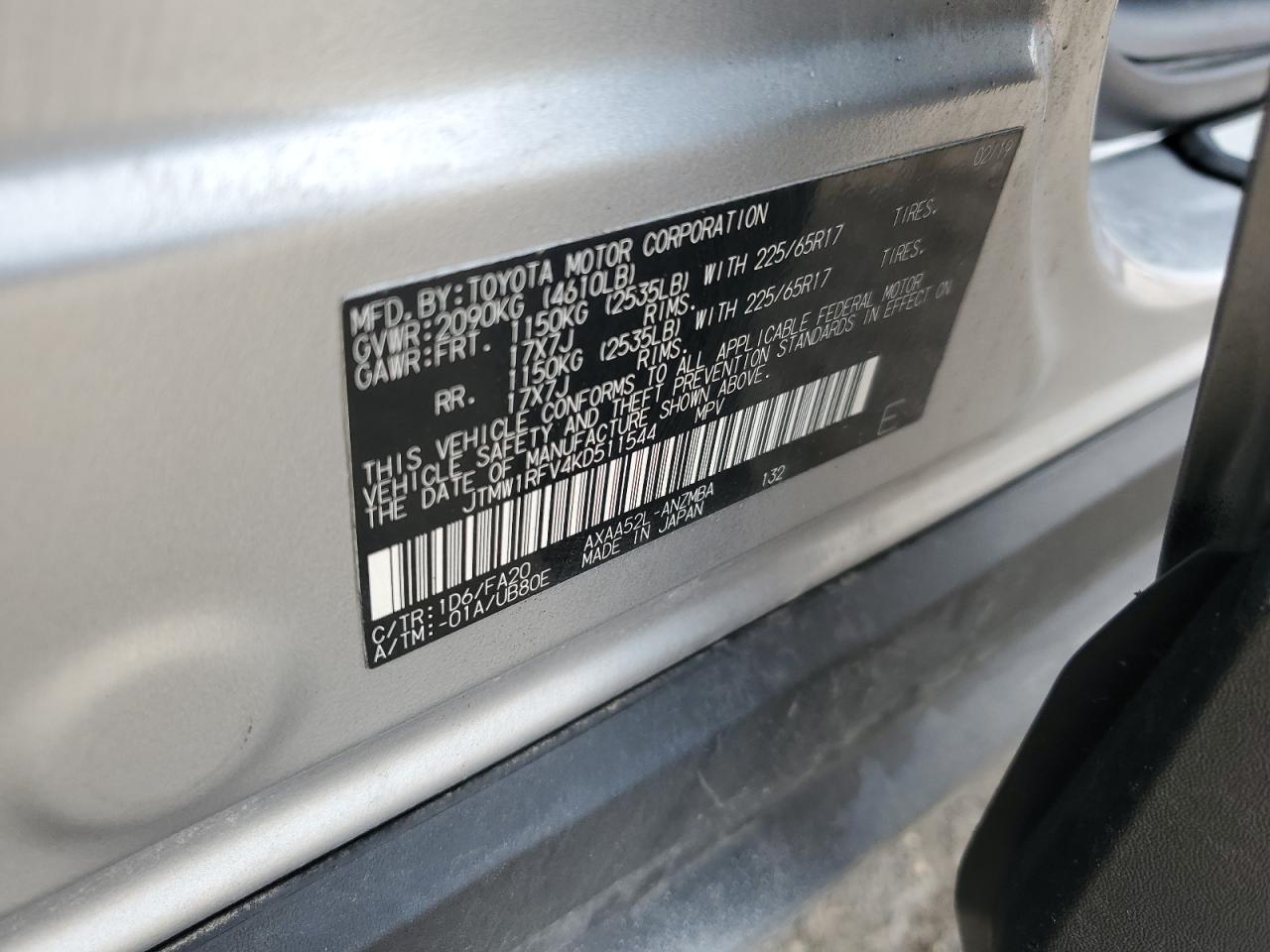 JTMW1RFV4KD511544 2019 Toyota Rav4 Xle