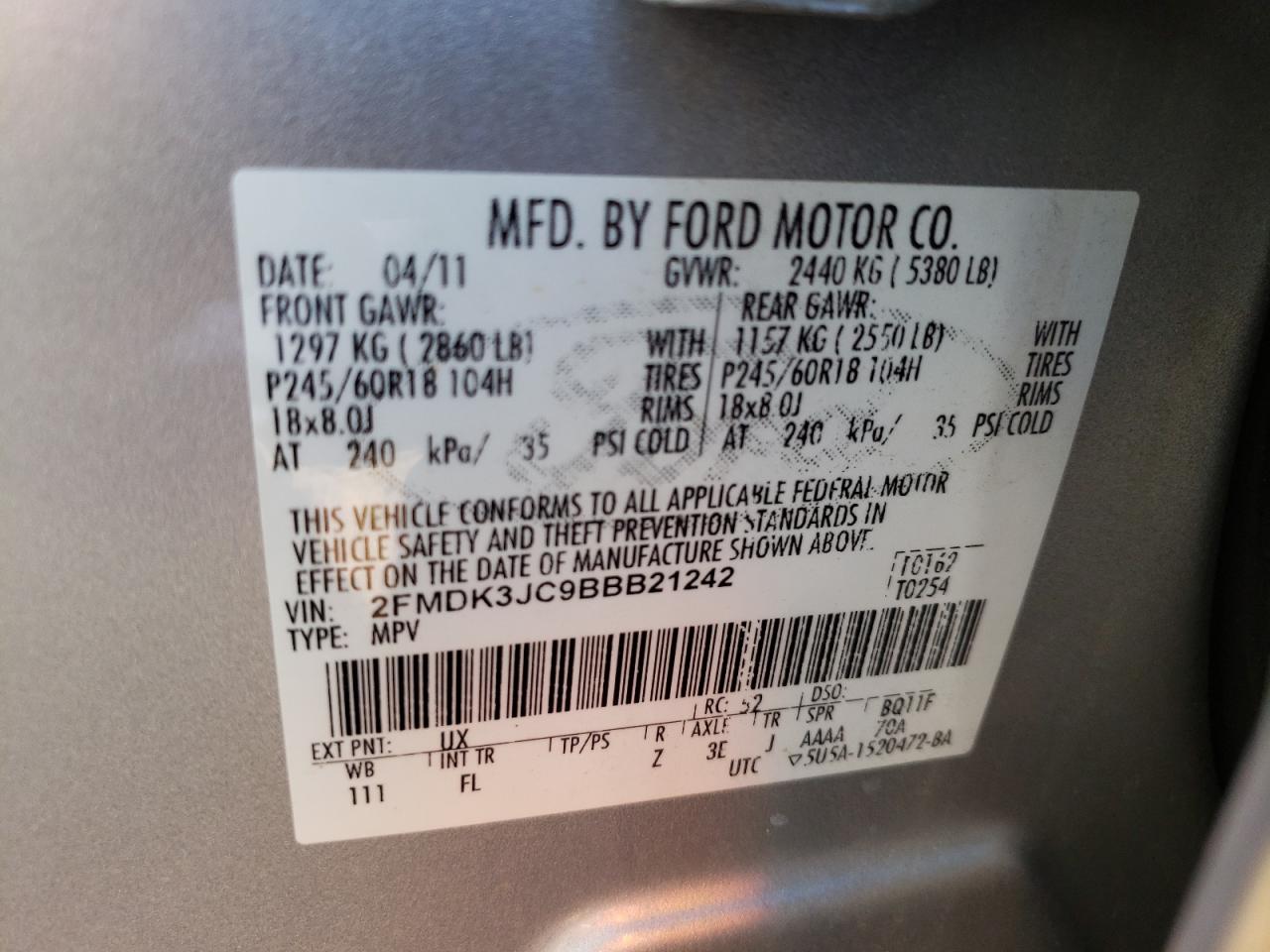 2FMDK3JC9BBB21242 2011 Ford Edge Sel