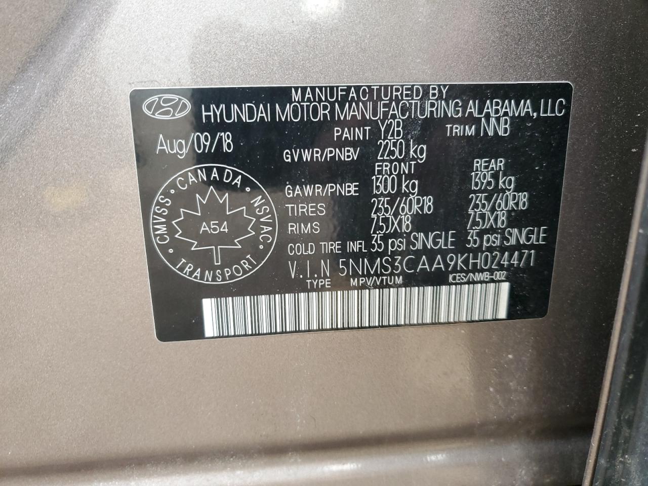 5NMS3CAA9KH024471 2019 Hyundai Santa Fe Sel