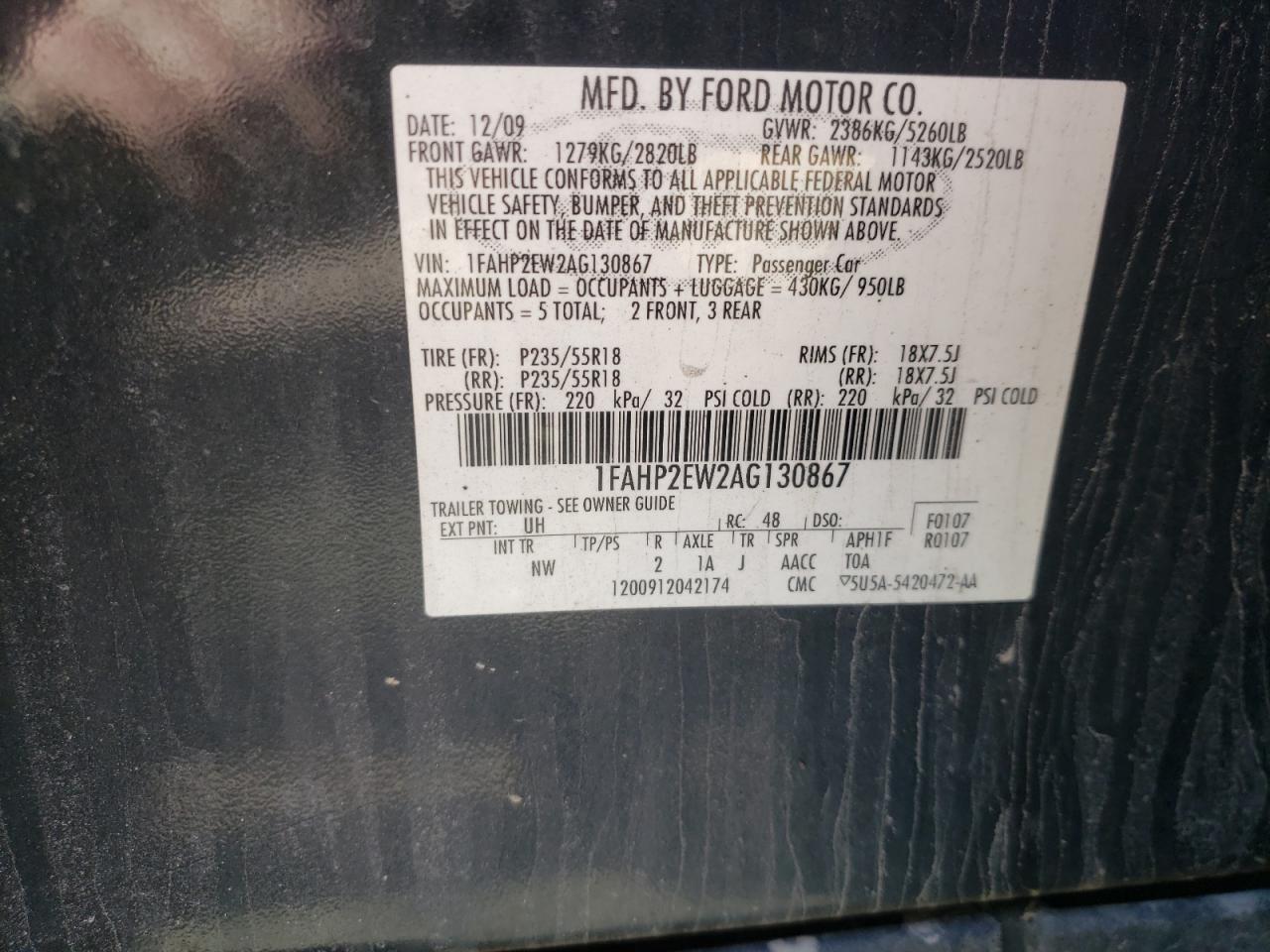 1FAHP2EW2AG130867 2010 Ford Taurus Sel