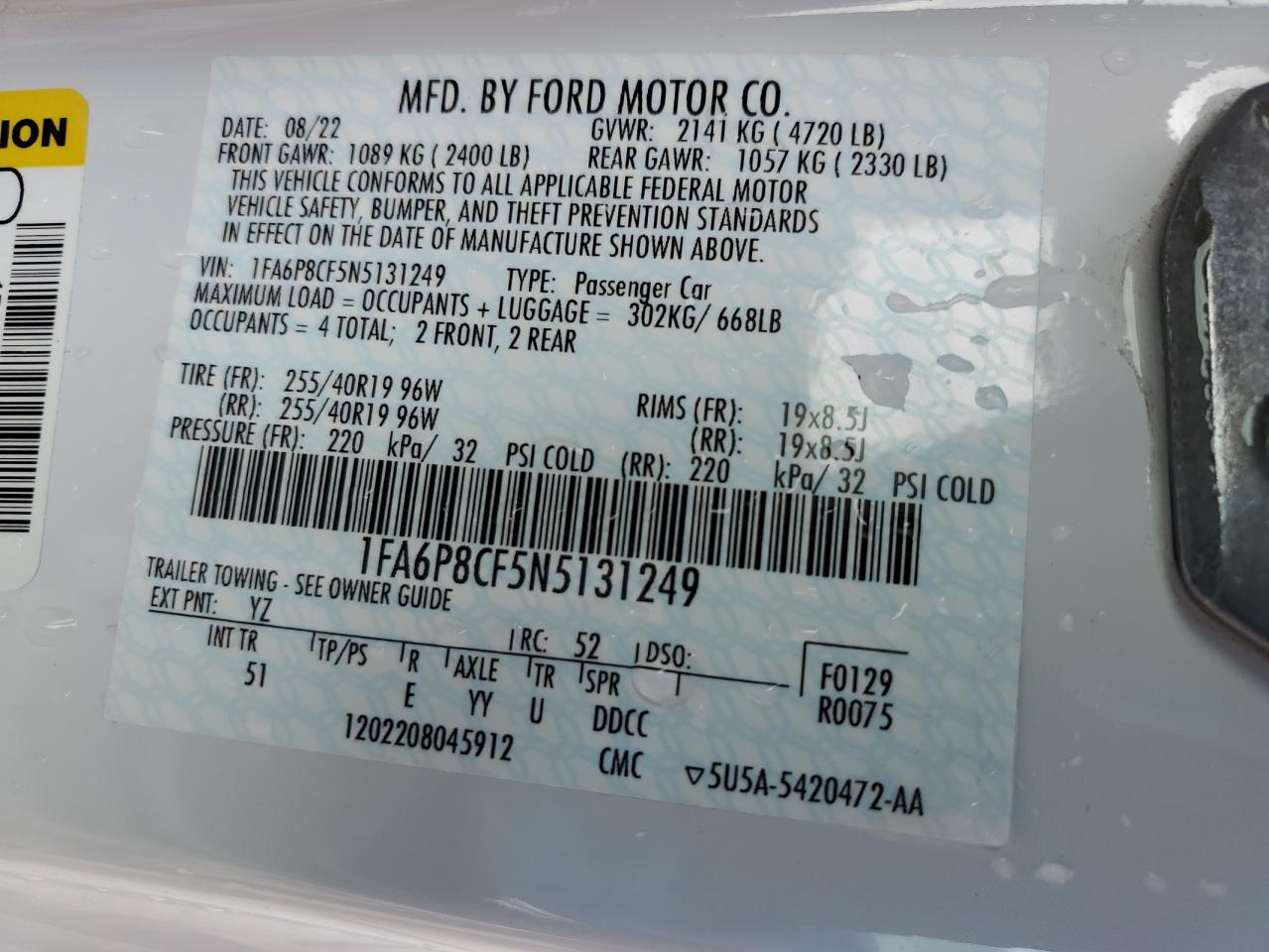 1FA6P8CF5N5131249 FORD MUSTANG 2022