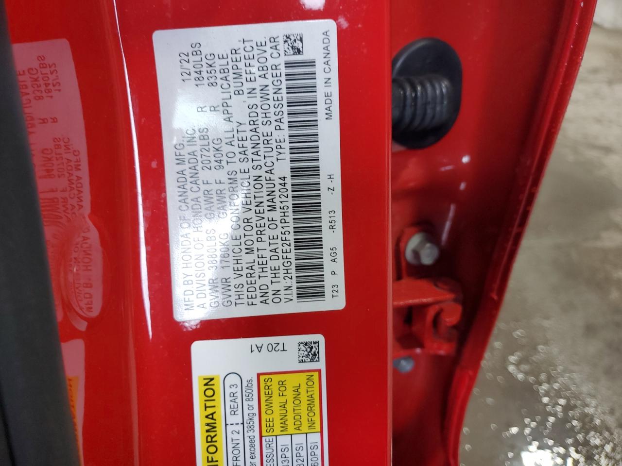 2HGFE2F51PH512044 HONDA CIVIC 2023