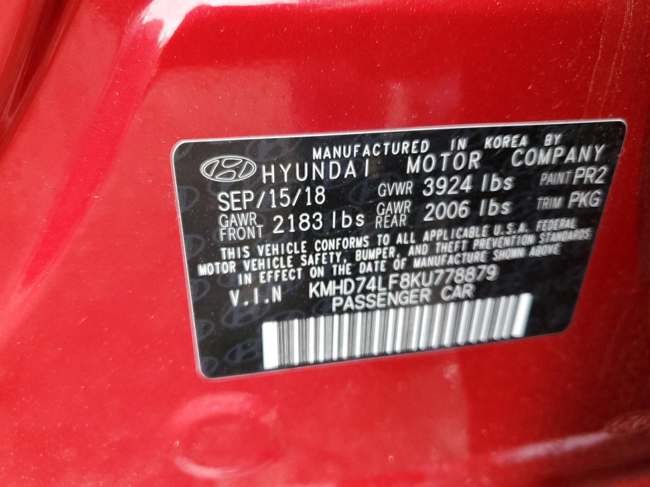 2019 Hyundai Elantra Se vin: KMHD74LF8KU778879