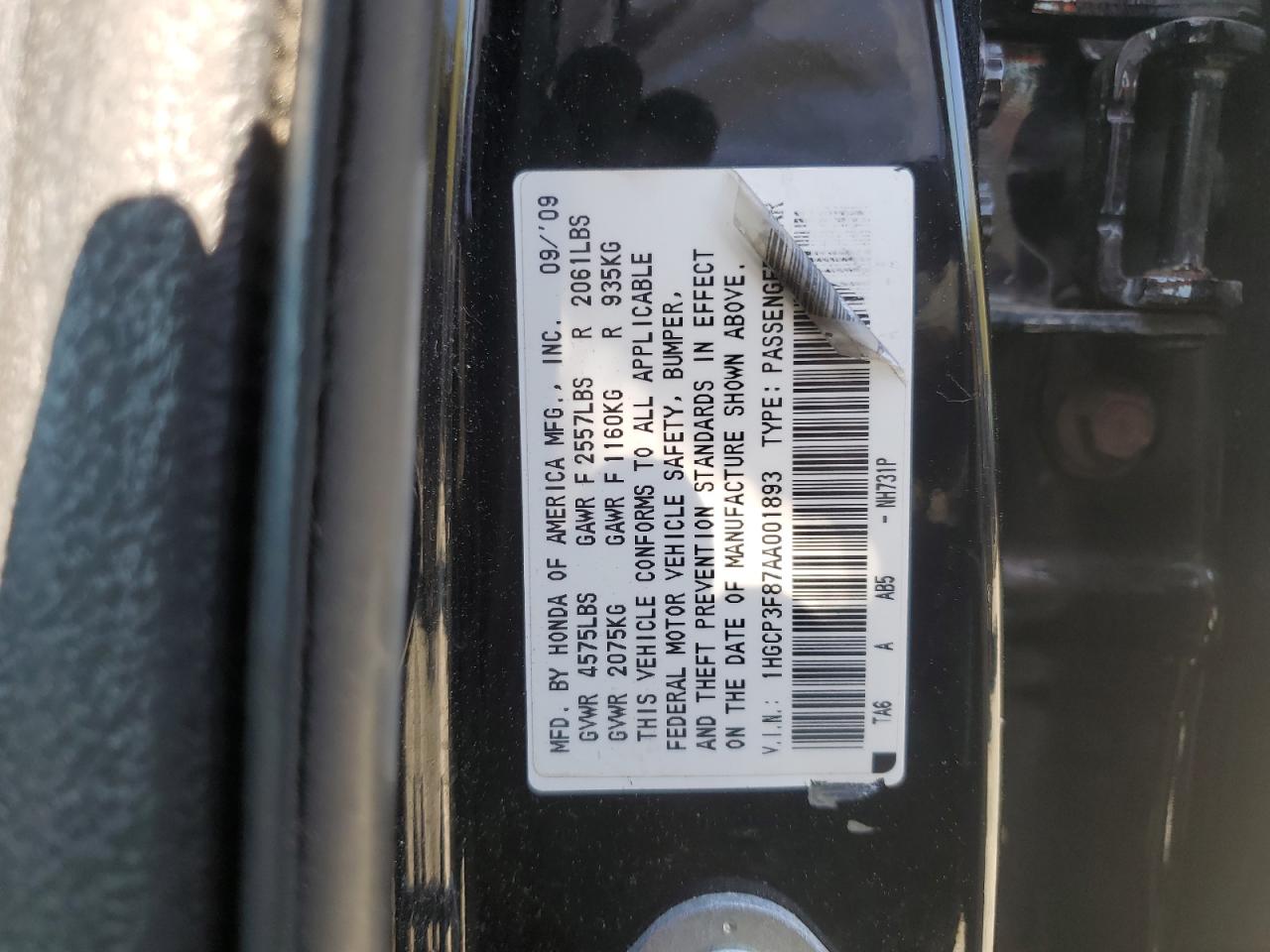 1HGCP3F87AA001893 2010 Honda Accord Exl