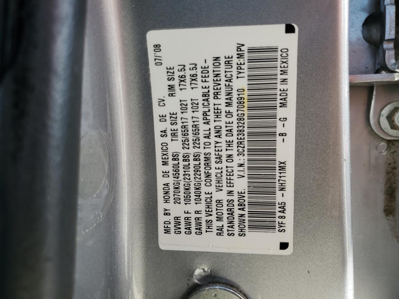 3CZRE38328G708910 2008 Honda Cr-V Lx