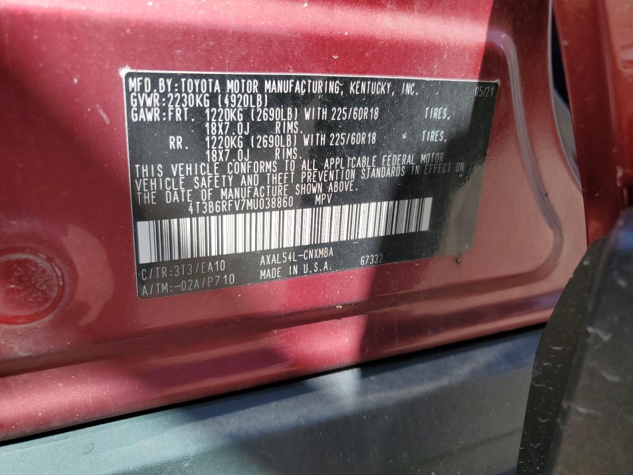 4T3B6RFV7MU038860 2021 Toyota Rav4 Xle Premium