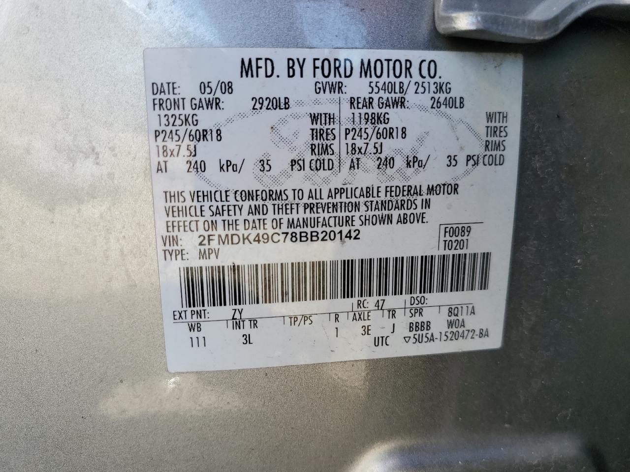 2FMDK49C78BB20142 2008 Ford Edge Limited