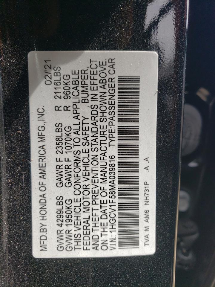 2021 Honda Accord Exl vin: 1HGCV1F58MA039816