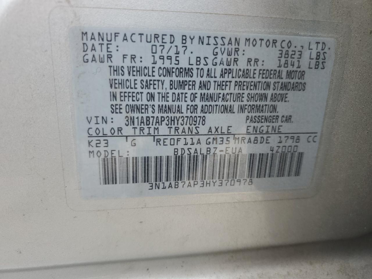 3N1AB7AP3HY370978 2017 Nissan Sentra S