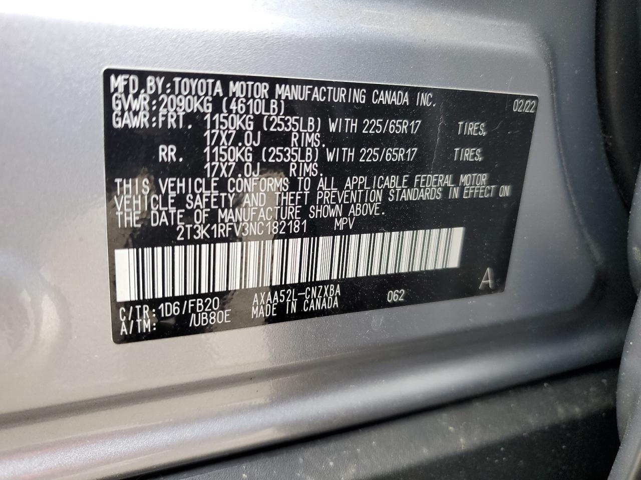 2T3K1RFV3NC182181 TOYOTA RAV4 2022